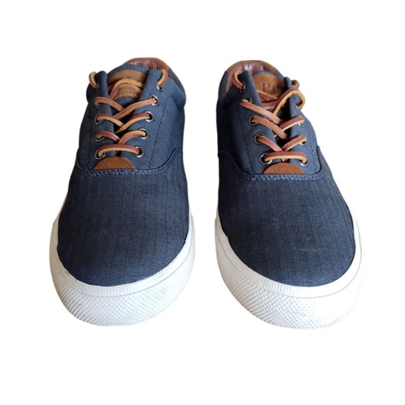Polo Ralph Lauren  Men's Size US 11.5D Blue Canvas Thorton Brown Leather Sneaker - Picture 4 of 11